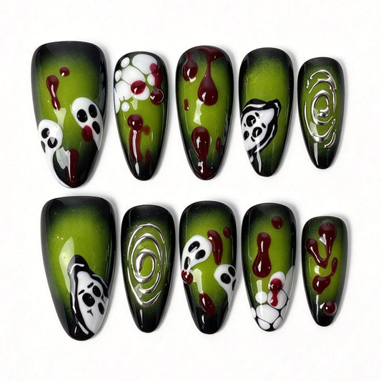 Handmade almond toxic specter Halloween press on nails neon green black gradient ghost skeleton blood drip false nails