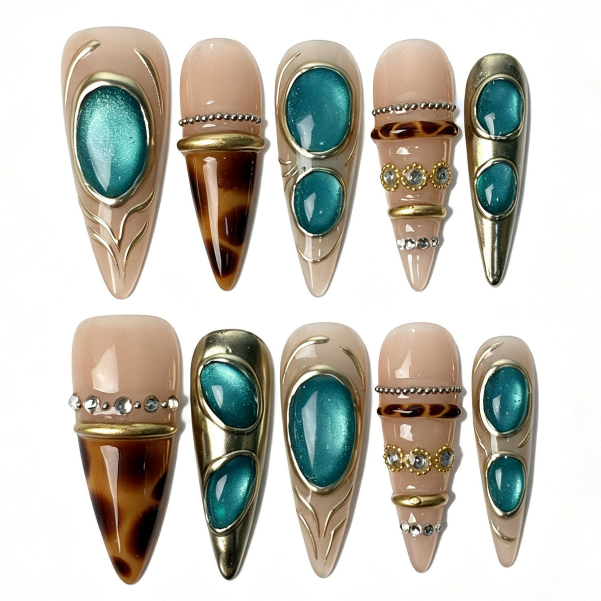 Turquoise Relic handmade stiletto press‑on nails set with turquoise cat‑eye gems, tortoise shell print