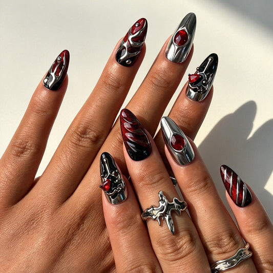 Model hand wearing Vein Blood almond gothic reusable press on nails