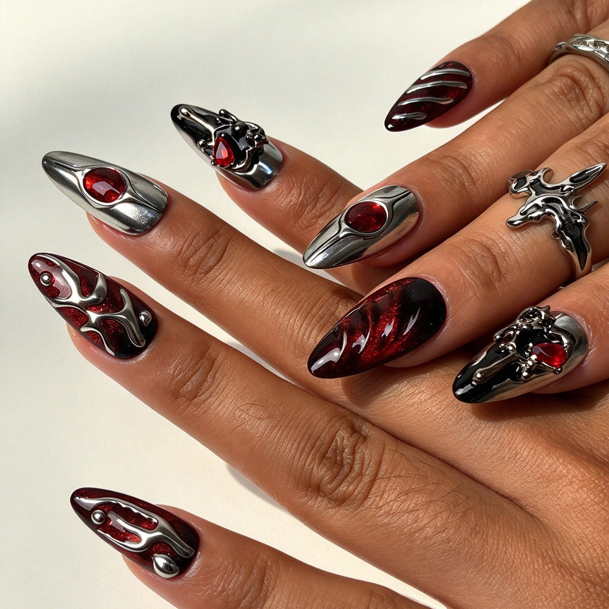 Vein Blood handmade almond press on nails black red shimmer silver sculpt red gem gothic vampy false nails