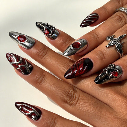 Vein Blood handmade almond press on nails black red shimmer silver sculpt red gem gothic vampy false nails