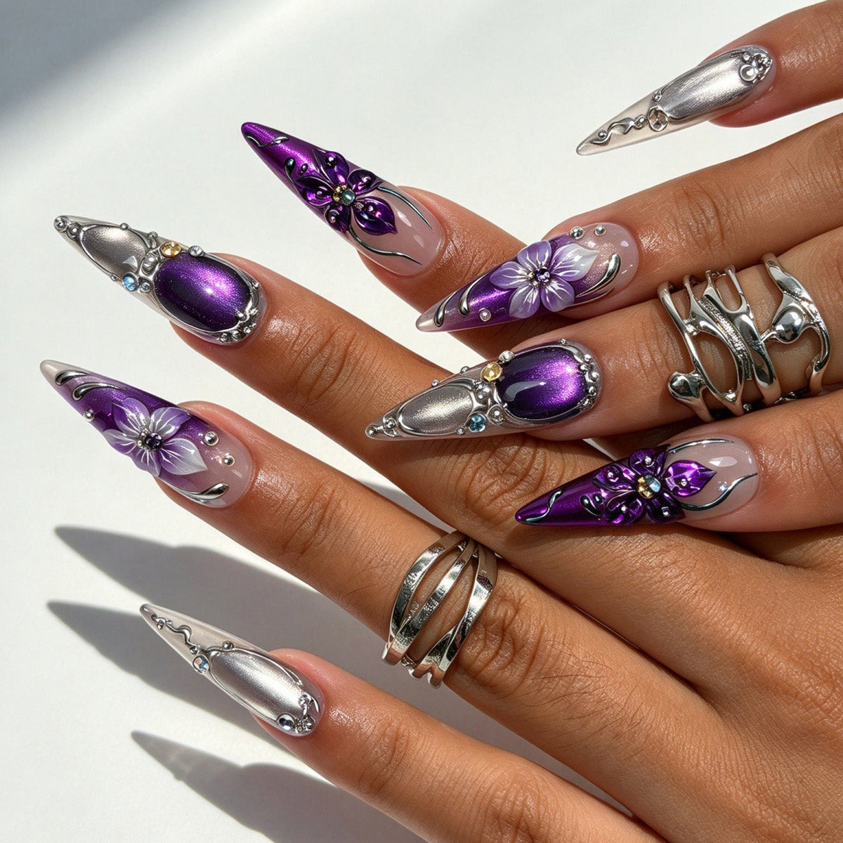 Violet Relic handmade long stiletto press on nails, purple gradient gothic 3D flower crystal false nails on hand