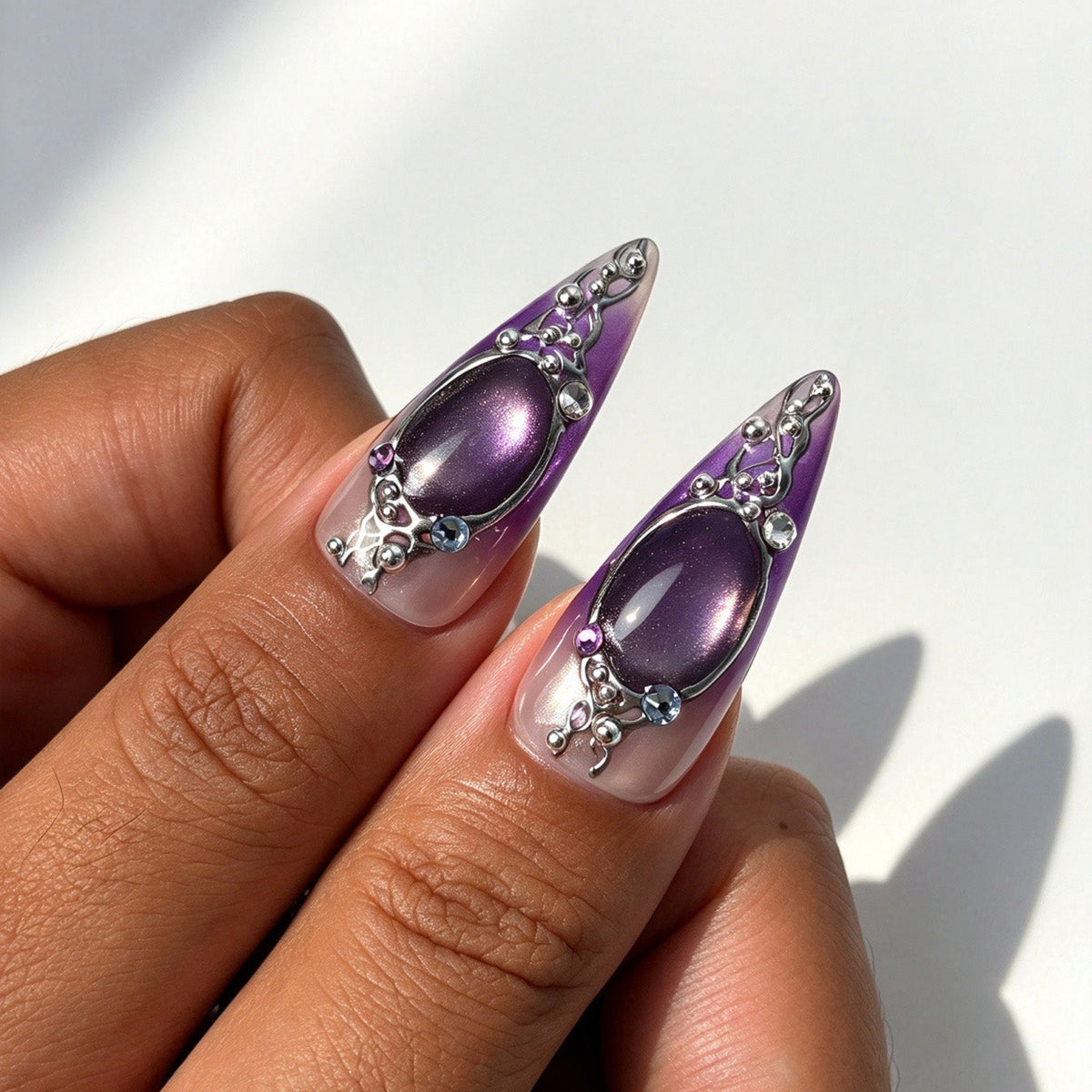Handcrafted gothic press on stiletto nails with crystal rhinestones for Halloween and night out