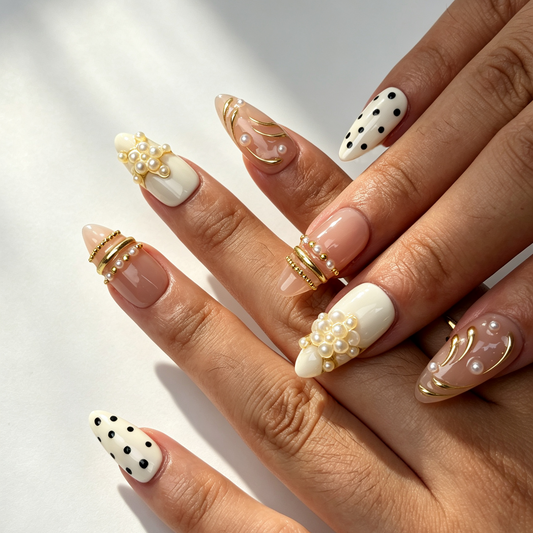 Blush‑Dot romantic almond press‑on nails hand manicure view