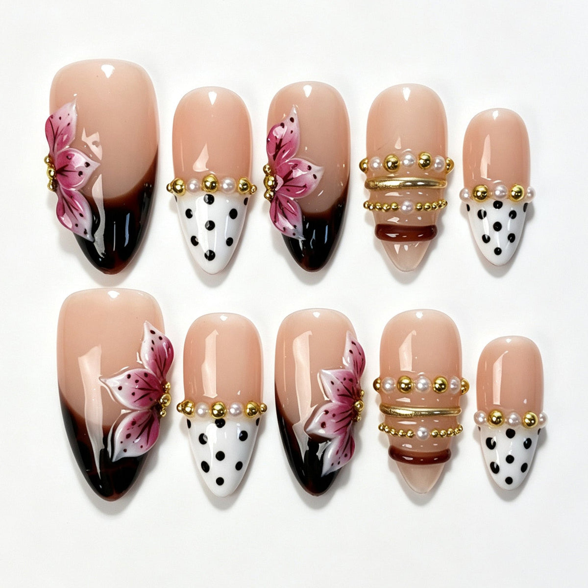 Medium almond press‑on nails, mocha‑brown gradient black polka dot pink butterfly pearl‑chain autumn fake nails