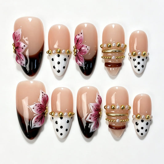Medium almond press‑on nails, mocha‑brown gradient black polka dot pink butterfly pearl‑chain autumn fake nails