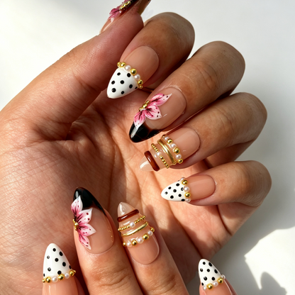 Mocha Petal vintage medium almond false nails close-up, brown gradient butterfly pearl casual manicure