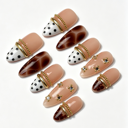 Mocha Vein autumn fake nail set, nude base with mocha gradient, sculpted pink butterflies, polka dot and pearl embellishments