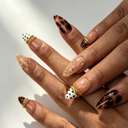 Mocha Vein mocha brown gradient almond press on nails worn on hand, polka dot butterfly retro autumn nail art