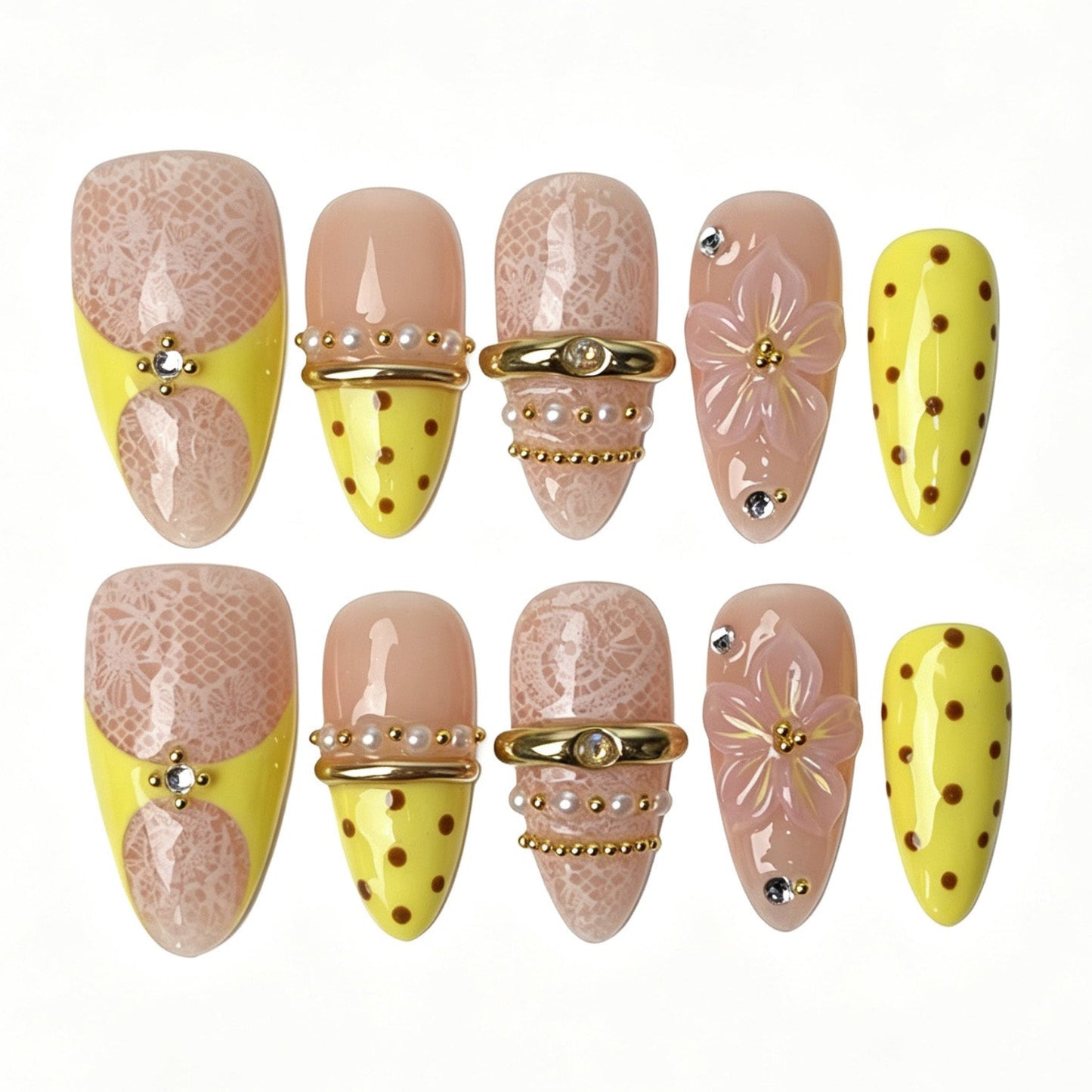 Fresh Pink Lace Daisy Almond Press On Nails Yellow Polka Dot 3D Flower Pearl Rhinestone Cute Handmade Nails