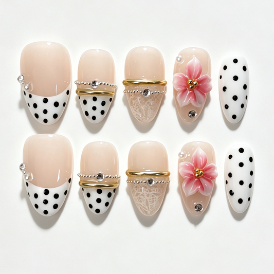 Pink 3D Flower Polka Dot Short Almond Gel Press On Nails, Sheer Nude French Tip False Nails With Rhinestone & Metal Chain Decor
