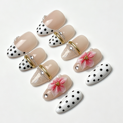 Pink Chain spring fake nail set, blush nude polka dot design, sculpted pink floral and thin metal chain embellishments
