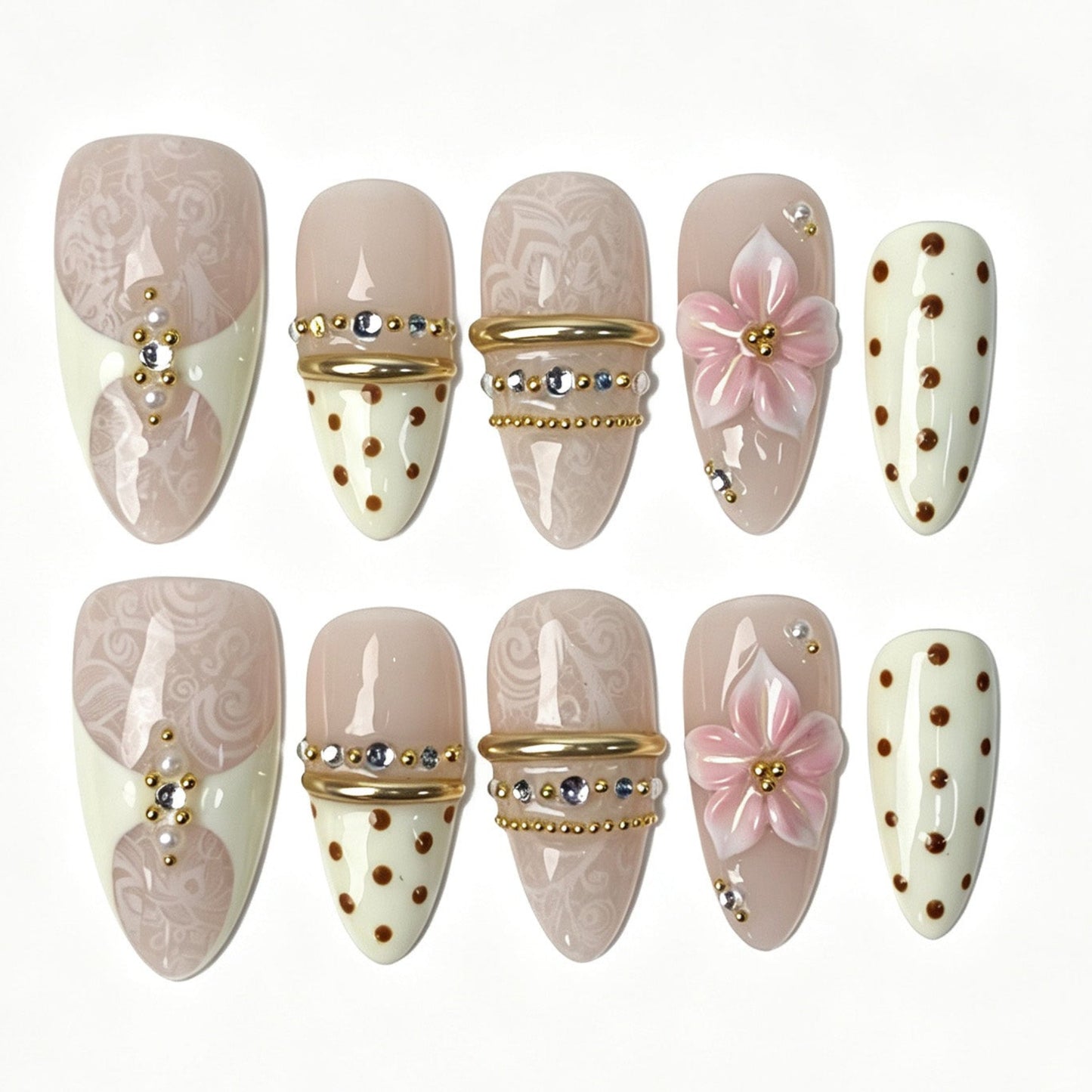 Cream Nude Lace Bloom Almond Press On Nails 3D Flower Gold Rhinestone Pearl Polka Dot Gentle Handmade Nails