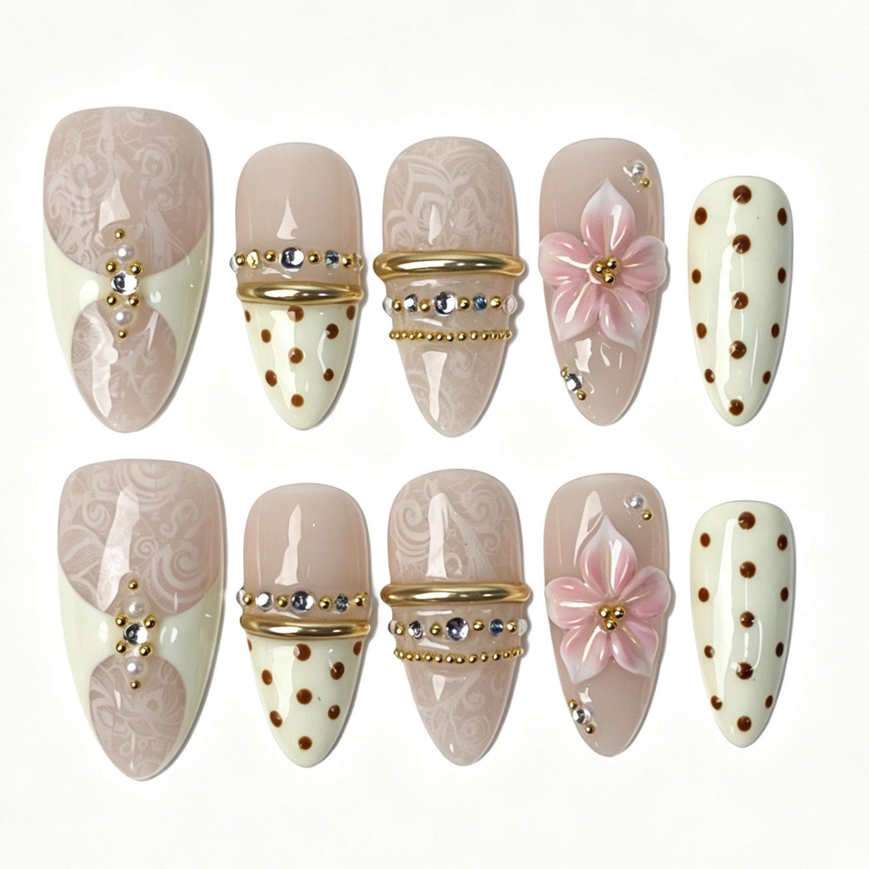 Cream Nude Lace Bloom Almond Press On Nails 3D Flower Gold Rhinestone Pearl Polka Dot Gentle Handmade Nails