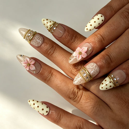 Lace Bloom cream lace press on nails on hand gentle dating manicure