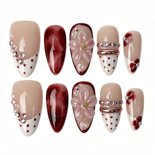 Wine Red Crimson Bloom Almond Press On Nails 3D Flower Crystal Pearl Polka Dot Handmade Sweet Luxury Nails