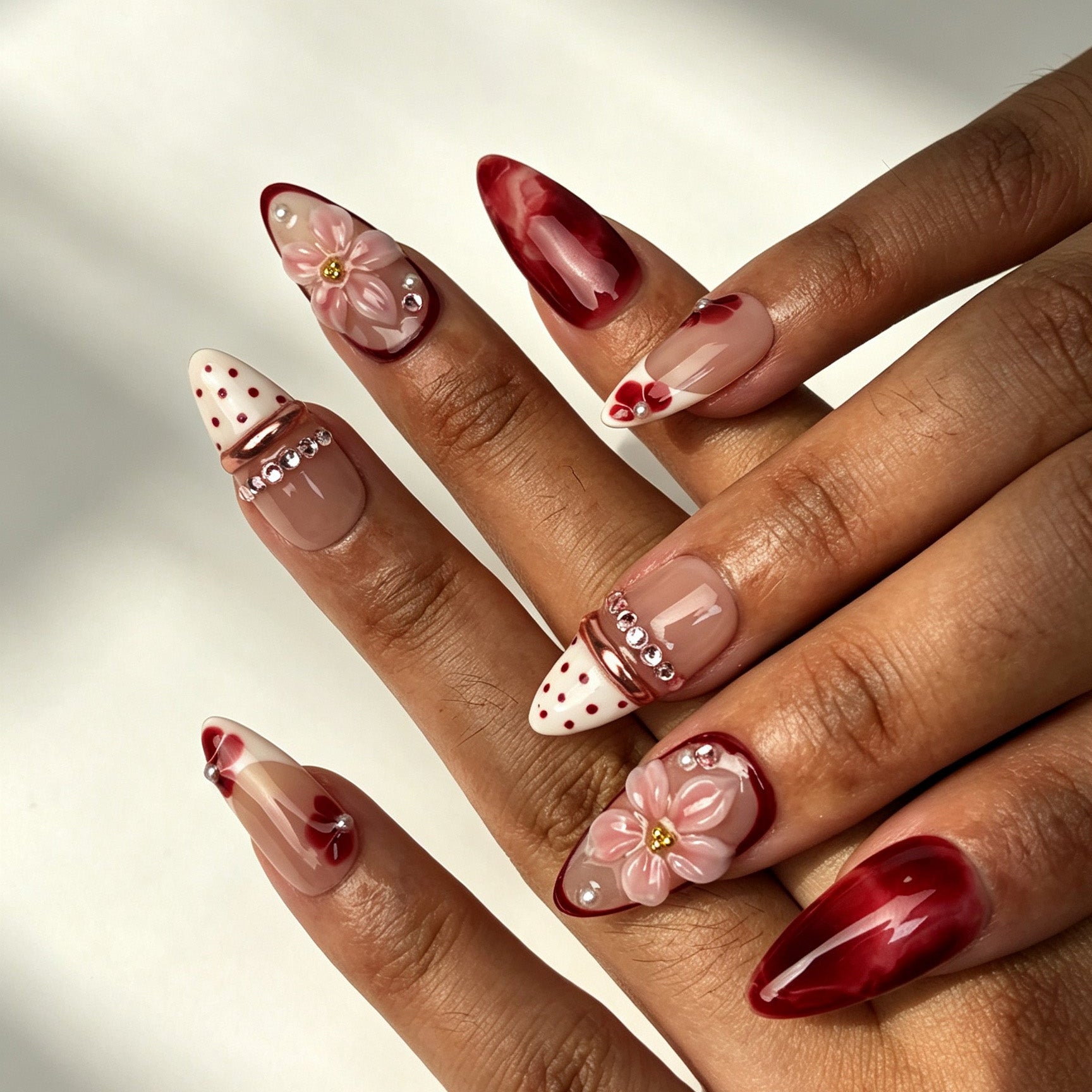 Crimson Bloom wine red press on nails on hand romantic evening party manicure