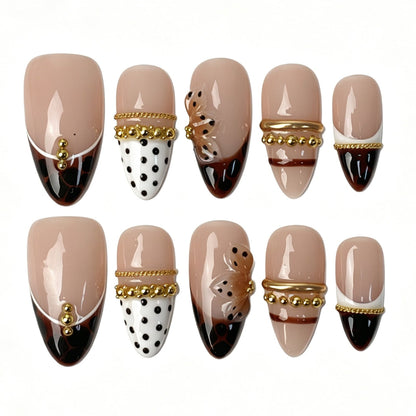 Coffee Leopard Ribbon Almond Press On Nails Polka Dot Golden Chain 3D Butterfly Handmade Retro Nails