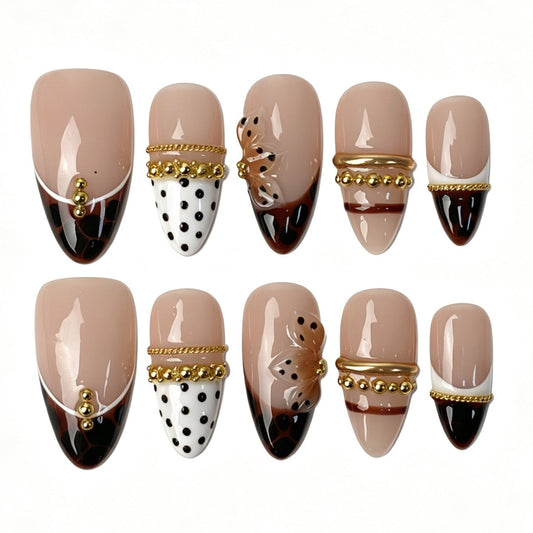 Coffee Leopard Ribbon Almond Press On Nails Polka Dot Golden Chain 3D Butterfly Handmade Retro Nails