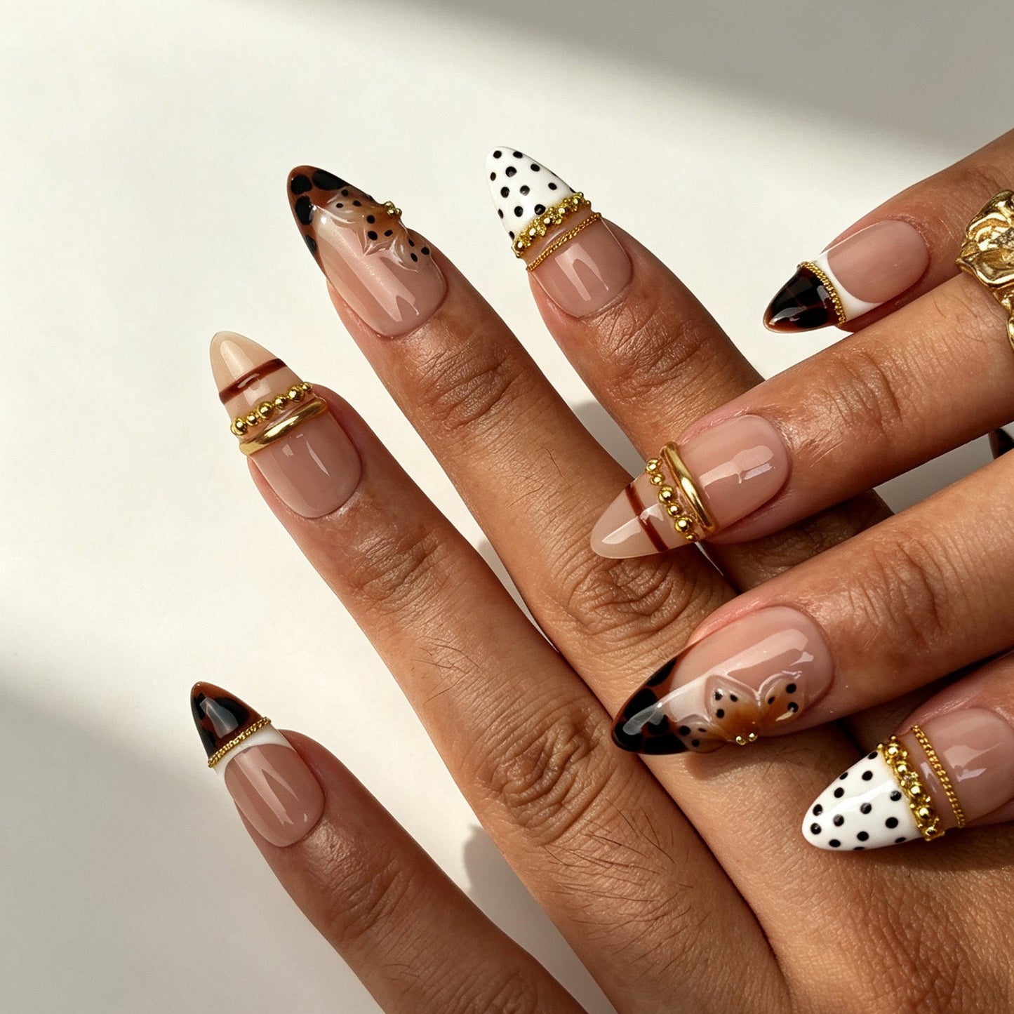 Leopard Ribbon retro coffee tone press on nails on hand dating party manicure