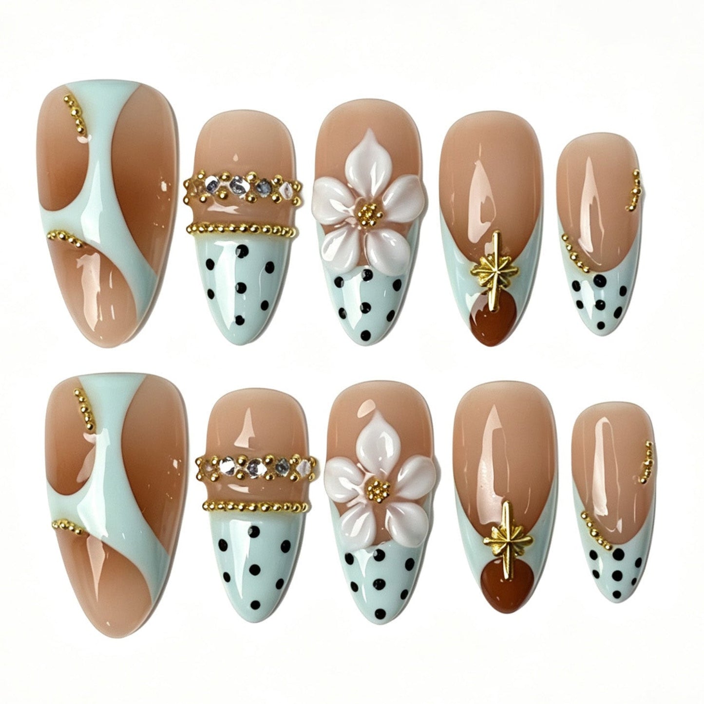 Medium almond fresh mint press on nails, mint color splicing black polka dot 3D white flower rhinestone golden bead chain sweet fake nails