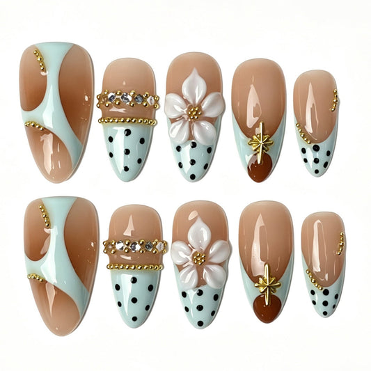 Medium almond fresh mint press on nails, mint color splicing black polka dot 3D white flower rhinestone golden bead chain sweet fake nails