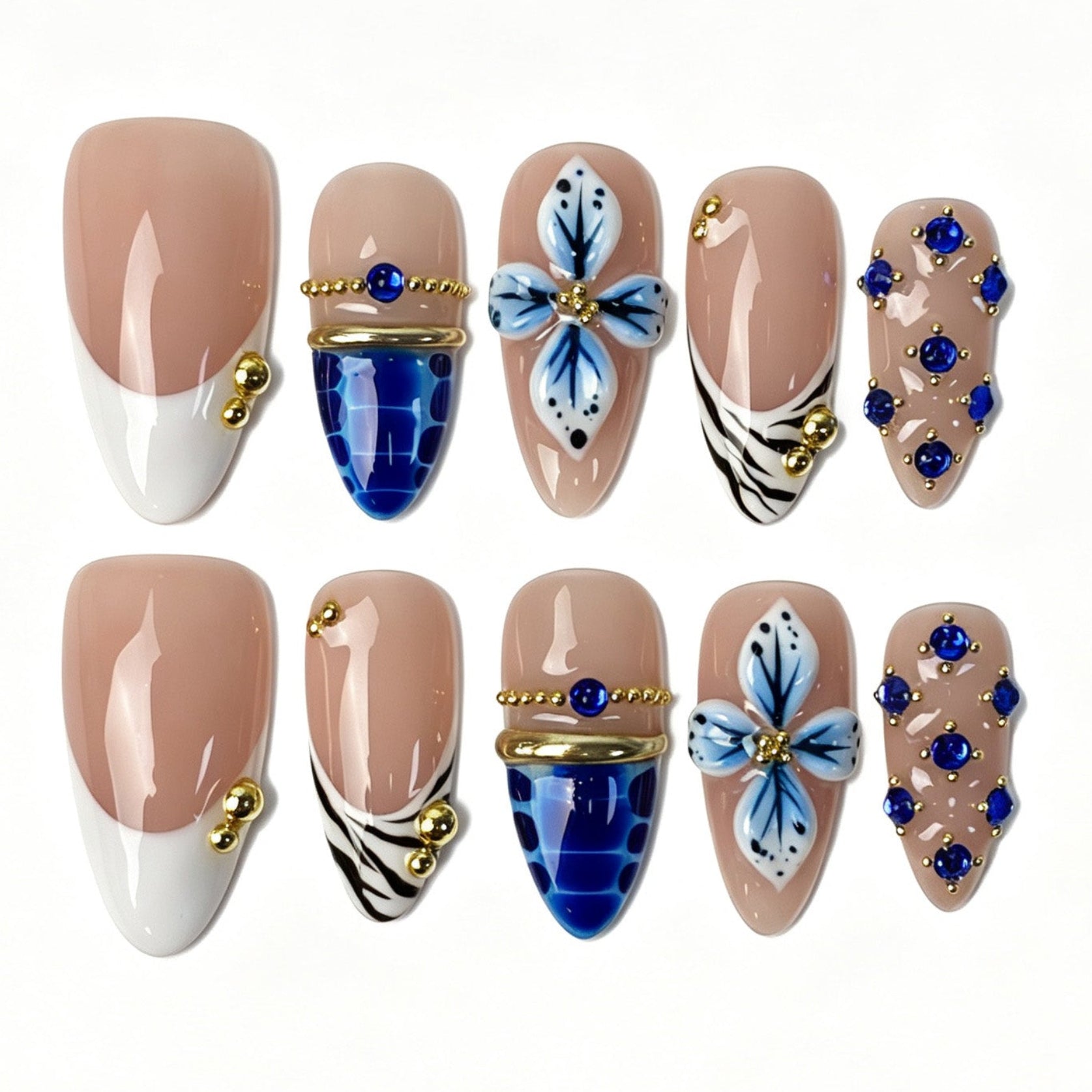 Medium almond royal blue press on nails, crocodile texture zebra print 3D blue-white flower rhinestone golden bead luxury fake nails