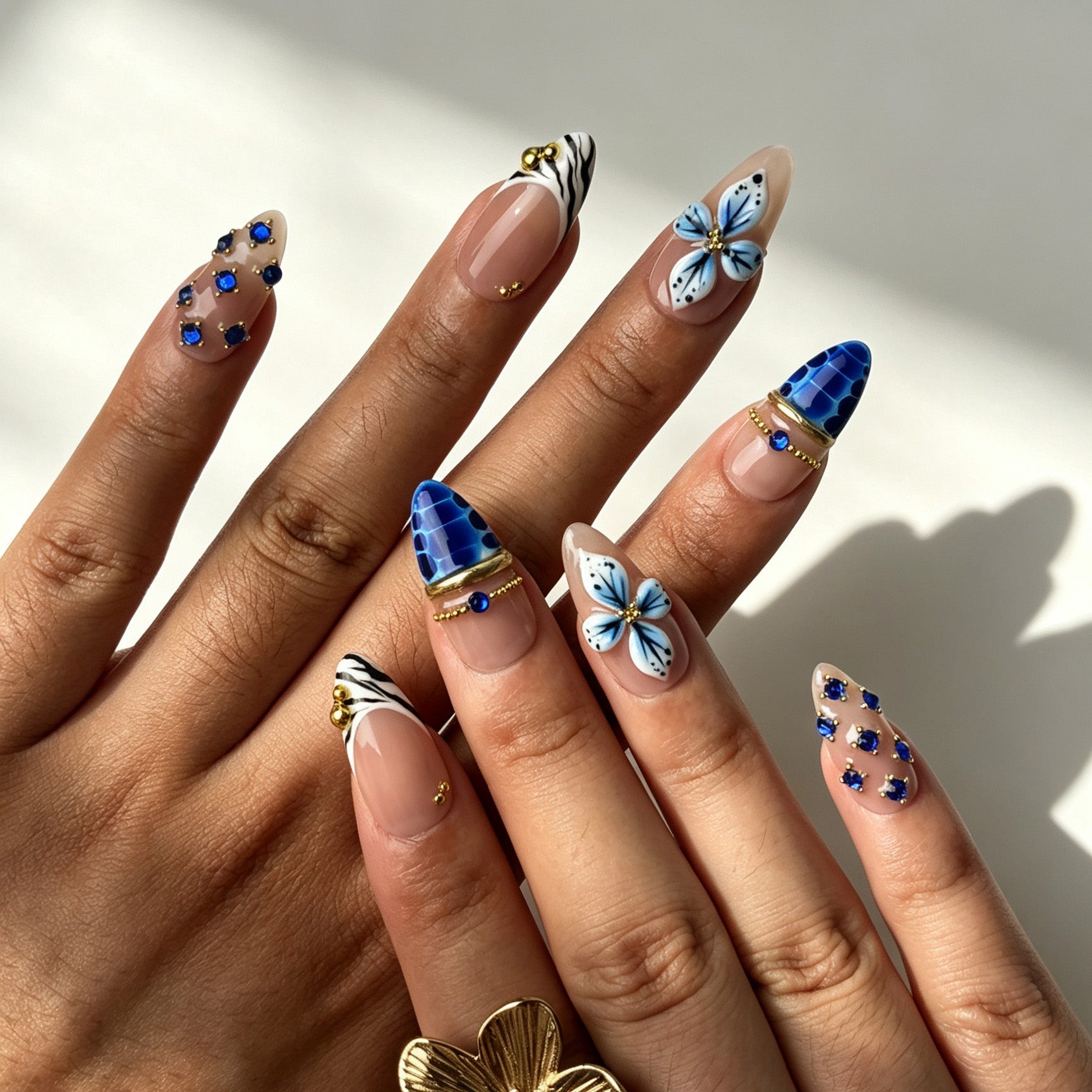Handmade reusable false nails royal blue croc texture zebra stripe daily stylish manicure