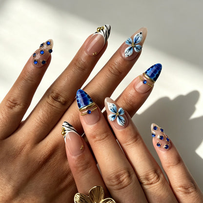 Handmade reusable false nails royal blue croc texture zebra stripe daily stylish manicure