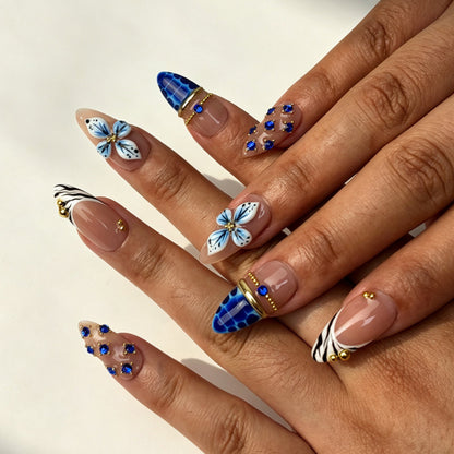 Blue Petal cool tone press on nails on hand fashion party manicure