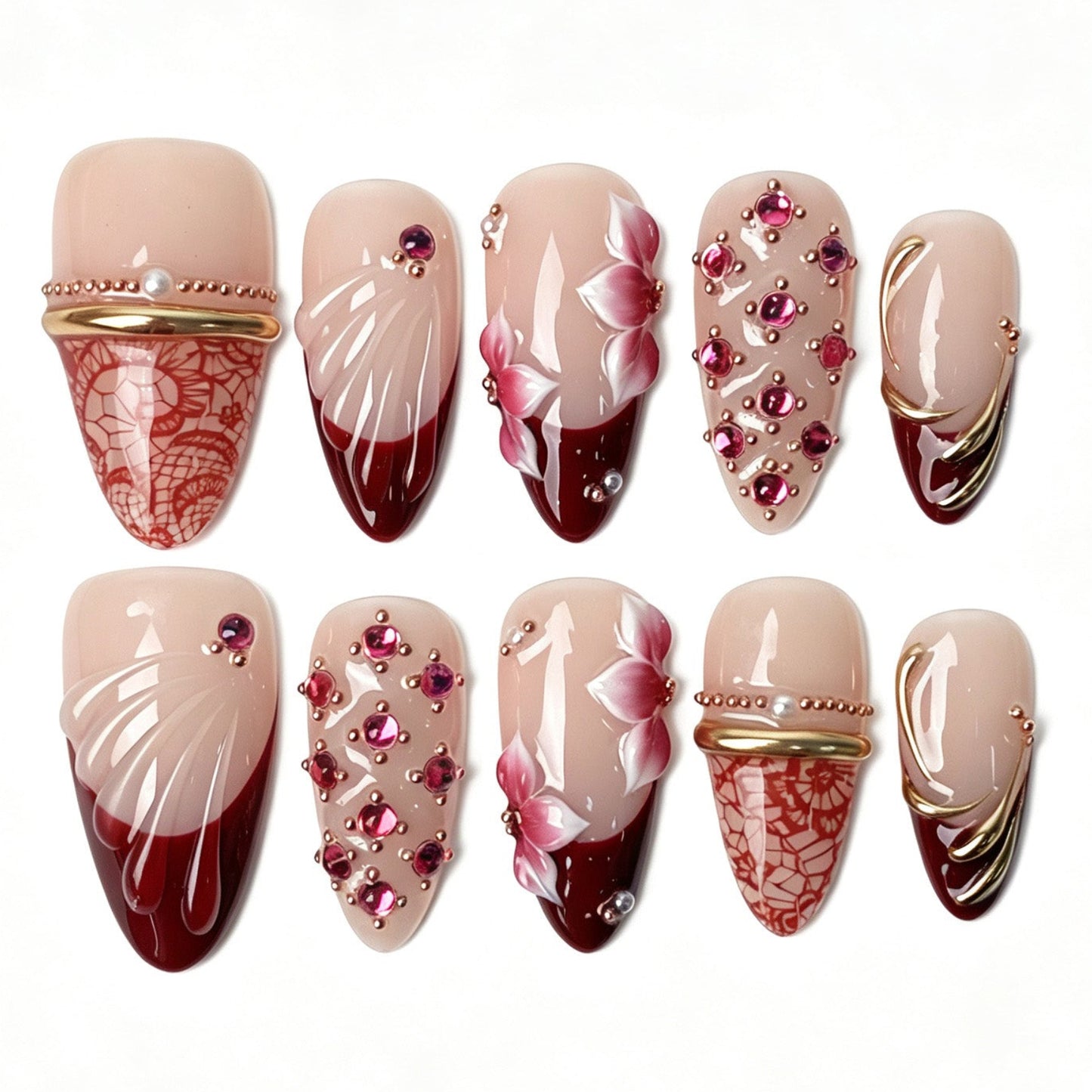 Medium almond wine red press on nails, red lace texture gradient 3D flower petal shell carving pink rhinestone golden line luxury fake nails