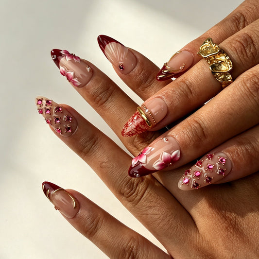 Crimson Petal wine red press on nails on hand elegant party manicure
