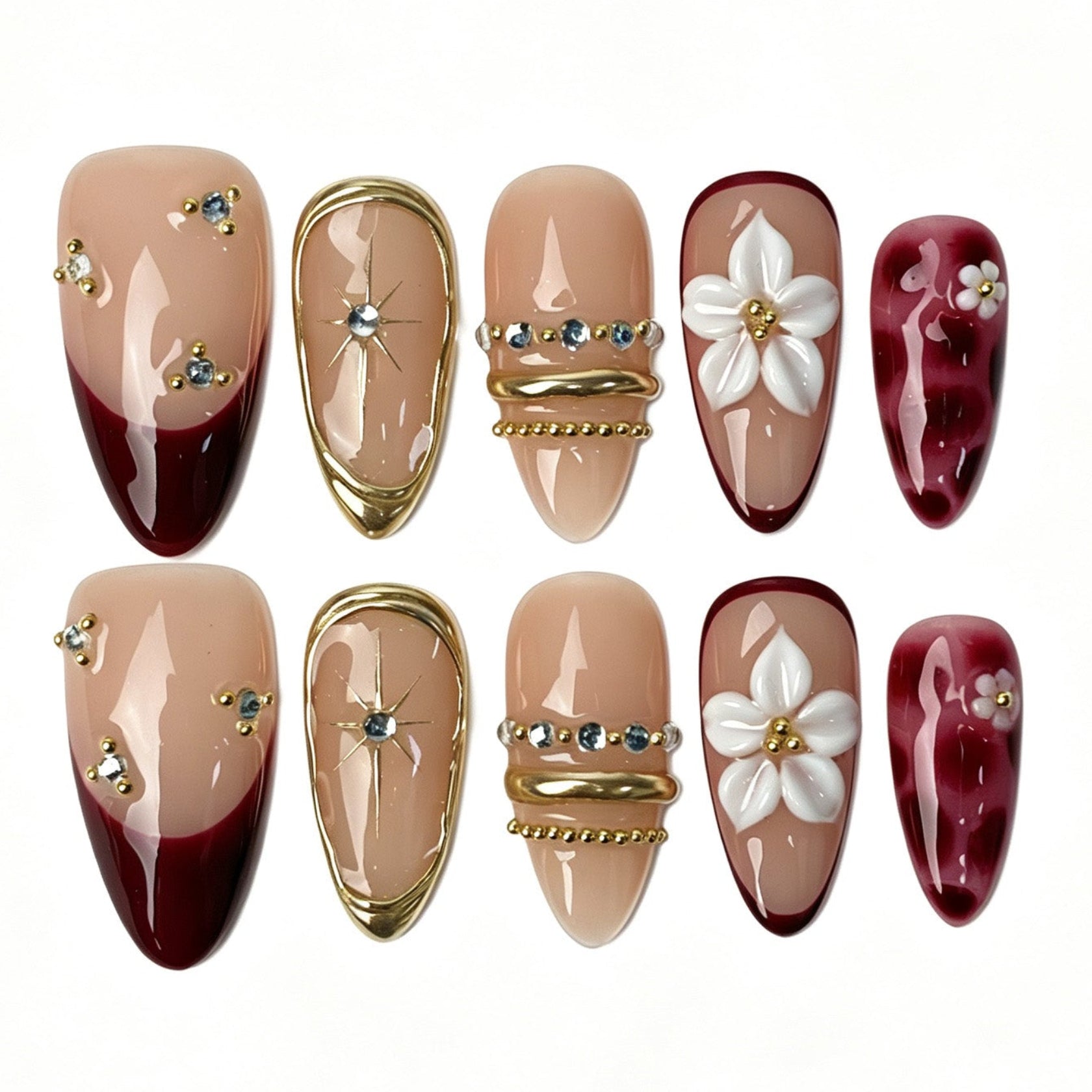 Medium almond nude merlot red gradient press on nails gold frame star rhinestone 3D white flower luxury fake nails