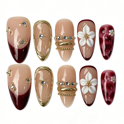 Medium almond nude merlot red gradient press on nails gold frame star rhinestone 3D white flower luxury fake nails