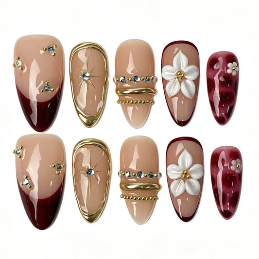 Medium almond nude merlot red gradient press on nails gold frame star rhinestone 3D white flower luxury fake nails