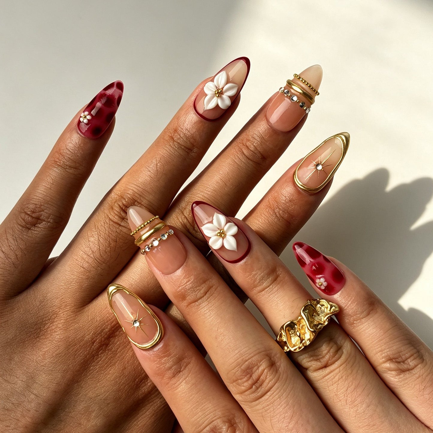 Elegant nude merlot blush reusable false nails gold outline floral wedding manicure