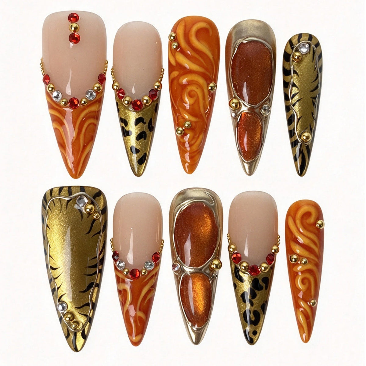 Wild Amber handmade stiletto press on nails, tiger print orange flame swirl gold beads red rhinestone false nails