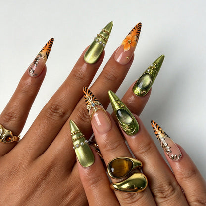 Long stiletto false nails, vintage luxury tiger print with 3D orange flower and crystal cross charm