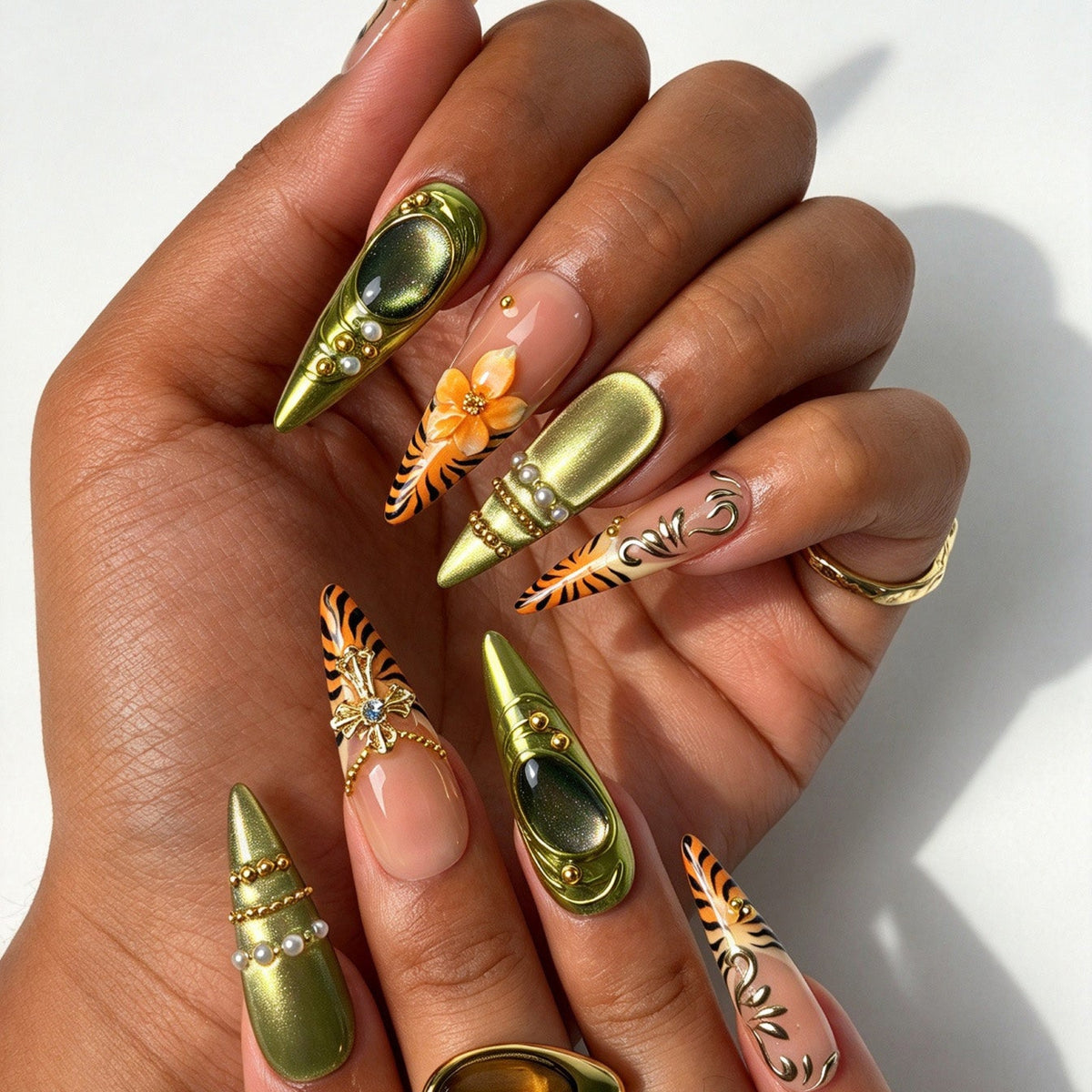 Handcrafted stiletto press on nails, edgy olive chrome tiger nail design for Halloween and festivals