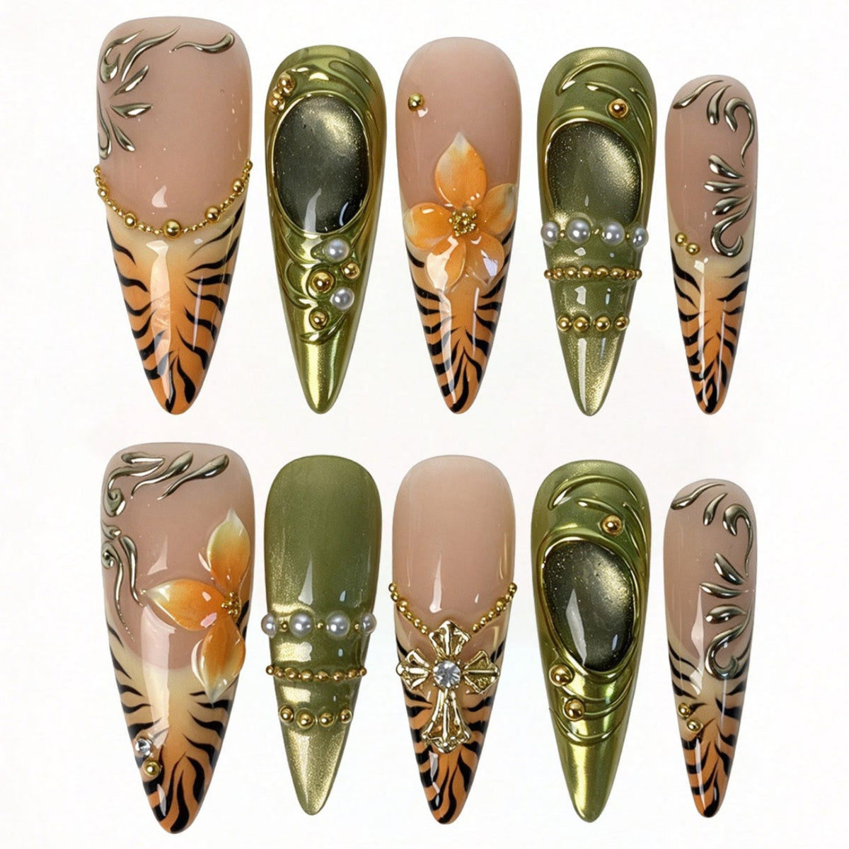 Wild Cross handmade stiletto press on nails, tiger print olive metallic chrome crystal cross false nails
