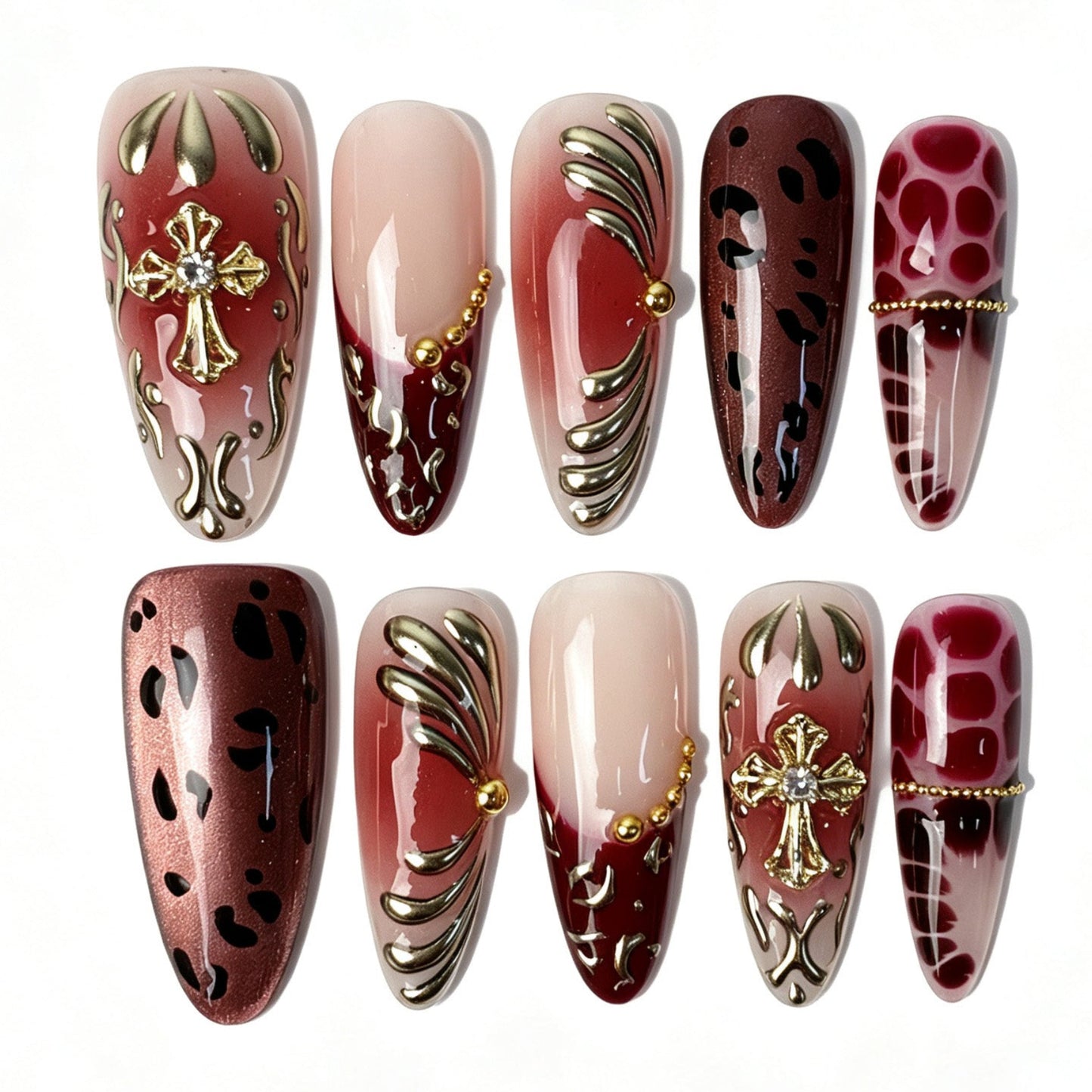 Wine Felis almond press‑on nails set, wine red gold cross leopard tortoiseshell vintage handmade false nails