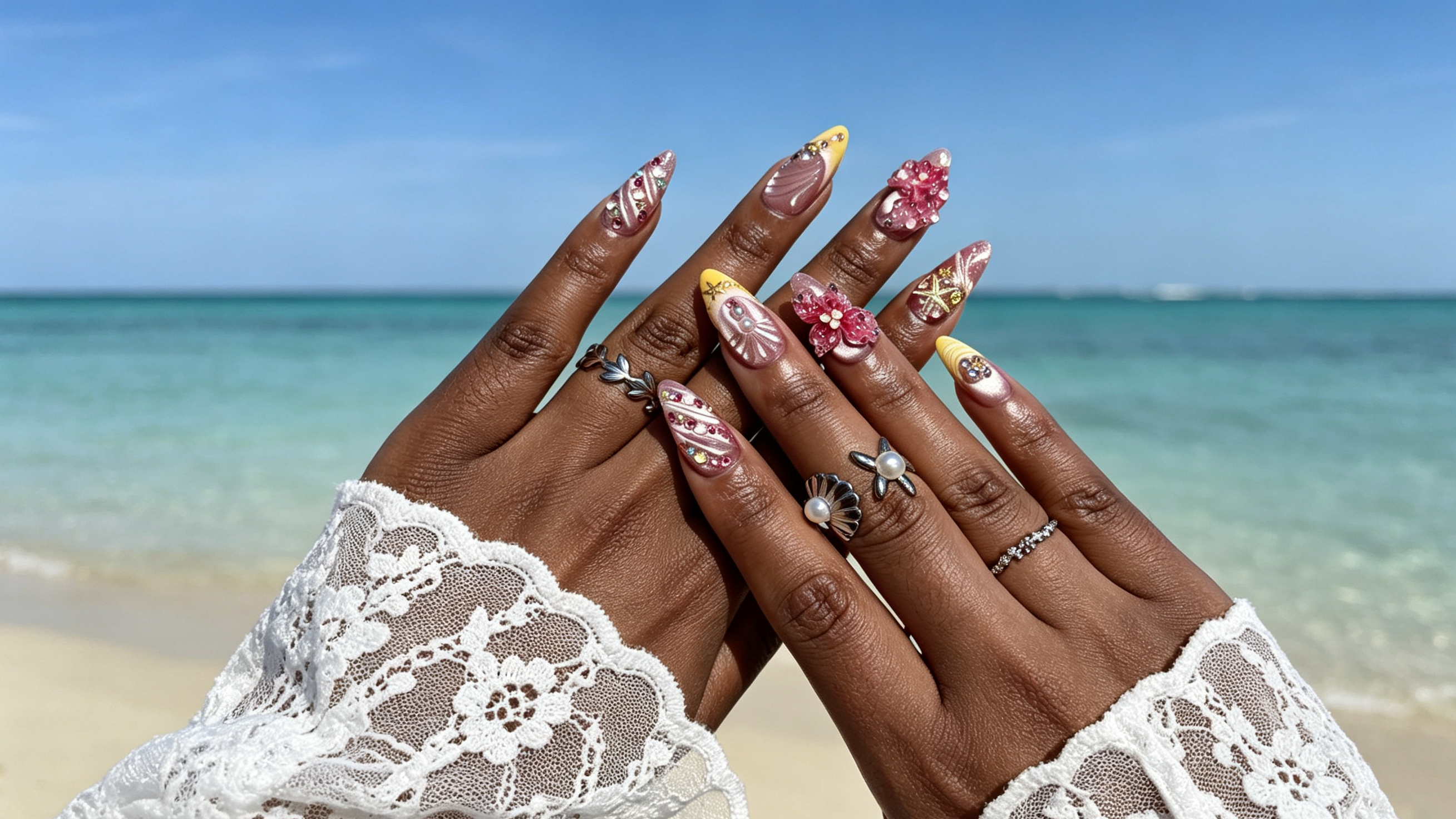 Summer coastal 3D floral press on nails, beach theme fake nails