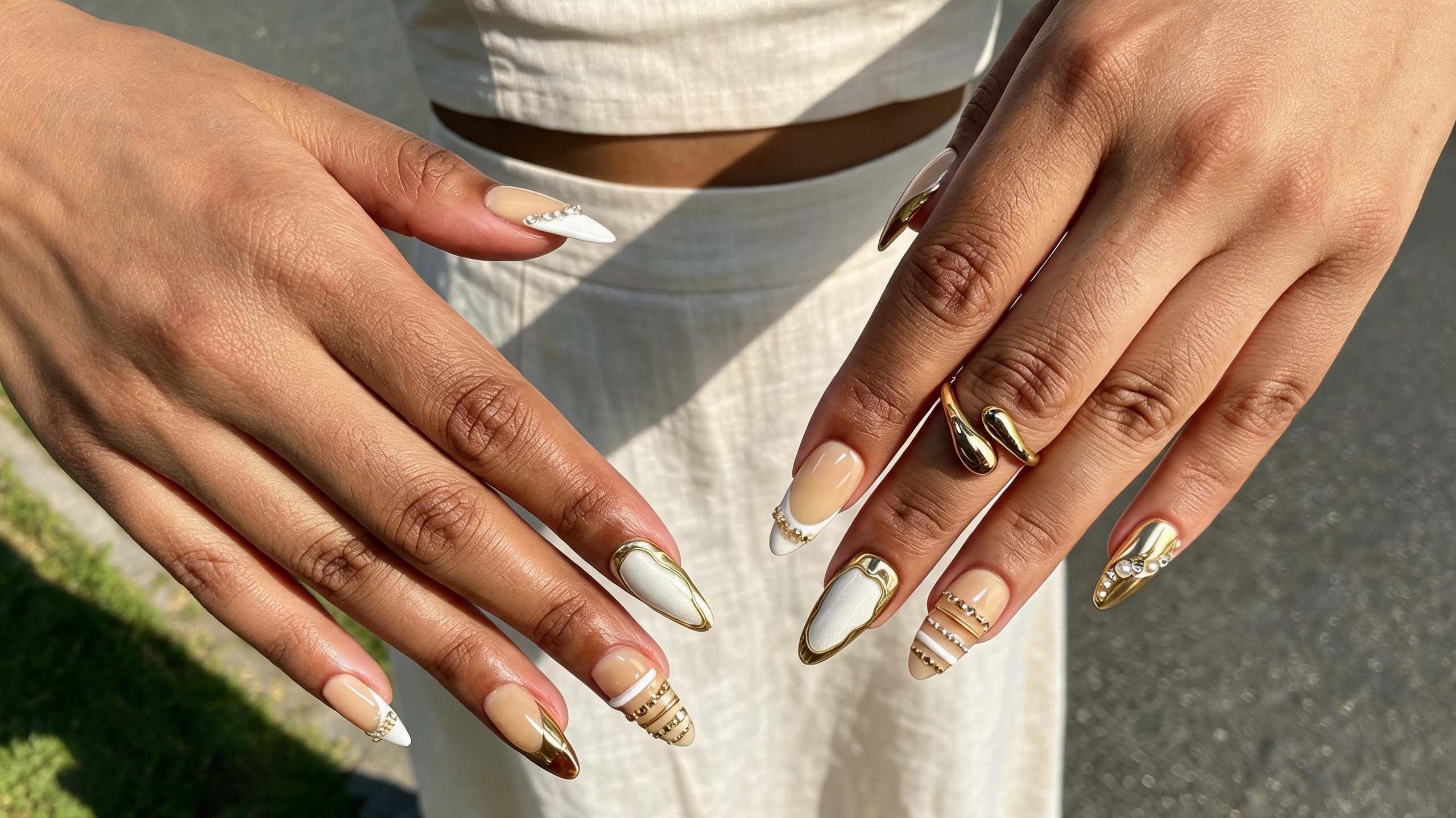 Back to school handmade almond press on nails with gold and white rhinestone design